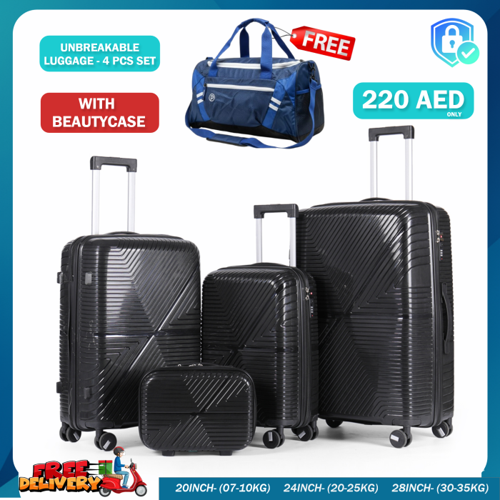 New 4-Piece PP Unbreakable Luggage Set with Beauty Case (28″, 24″, 20 & 18″) sizes